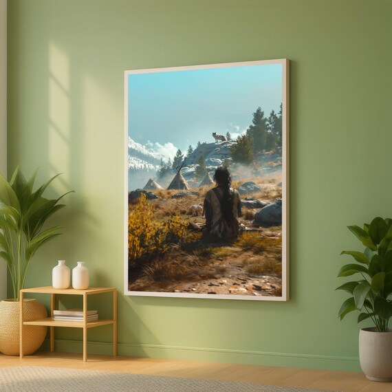 Native Woman In Tribal Attire Teepees And Wolf Landscape Canvas Mountain Wilderness Wall Art Rustic Nature Scene Culture Decor