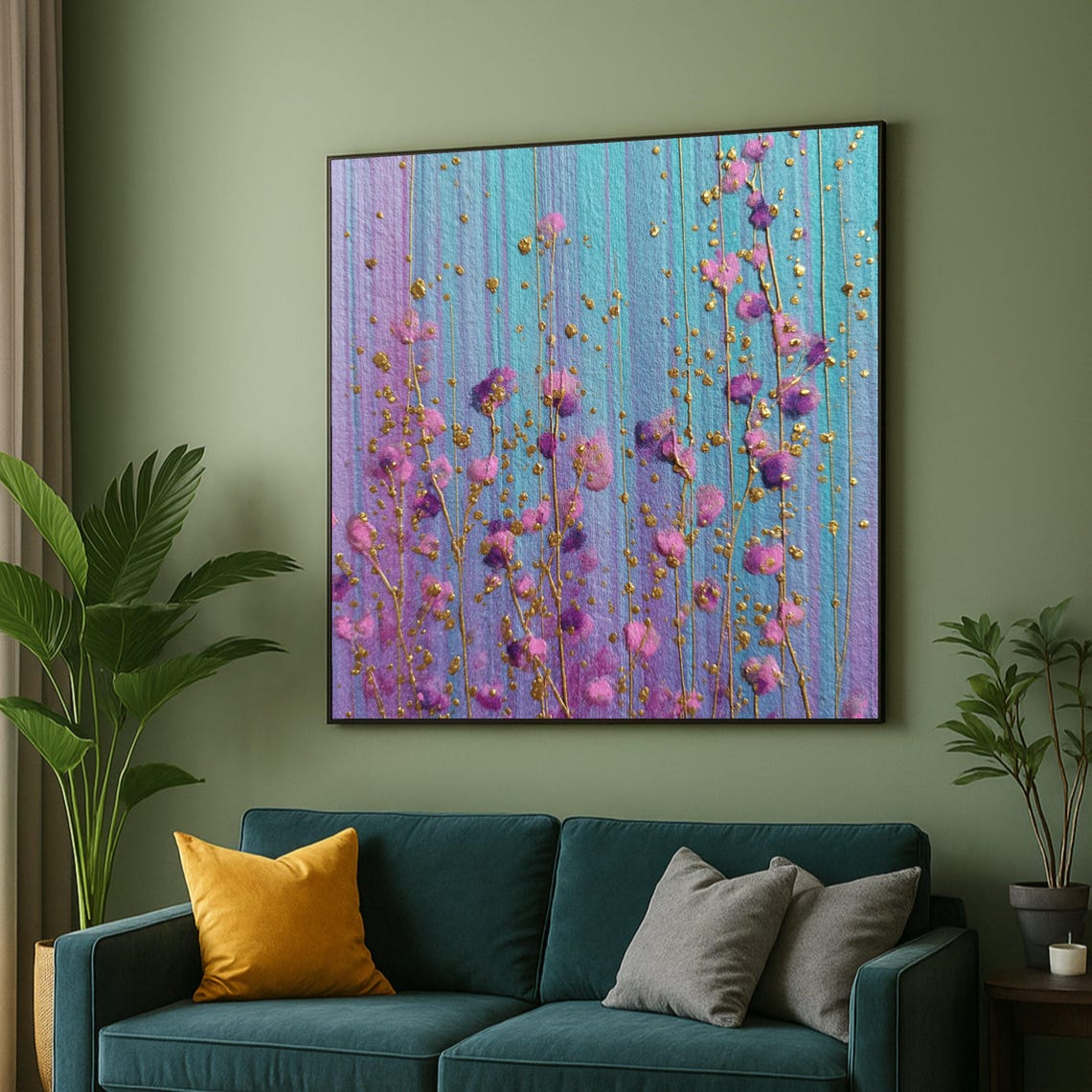 Abstract Purple Blue Floral With Gold Accents Botanical Poster