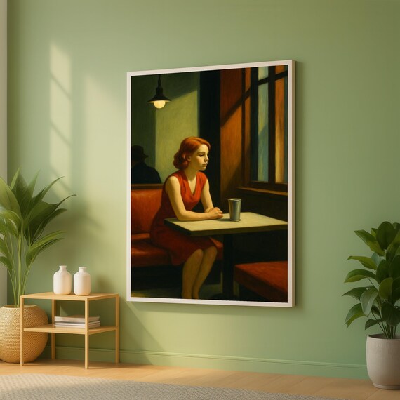 Melancholy Woman in Red Dress Cafe Vintage Figurative Art Print