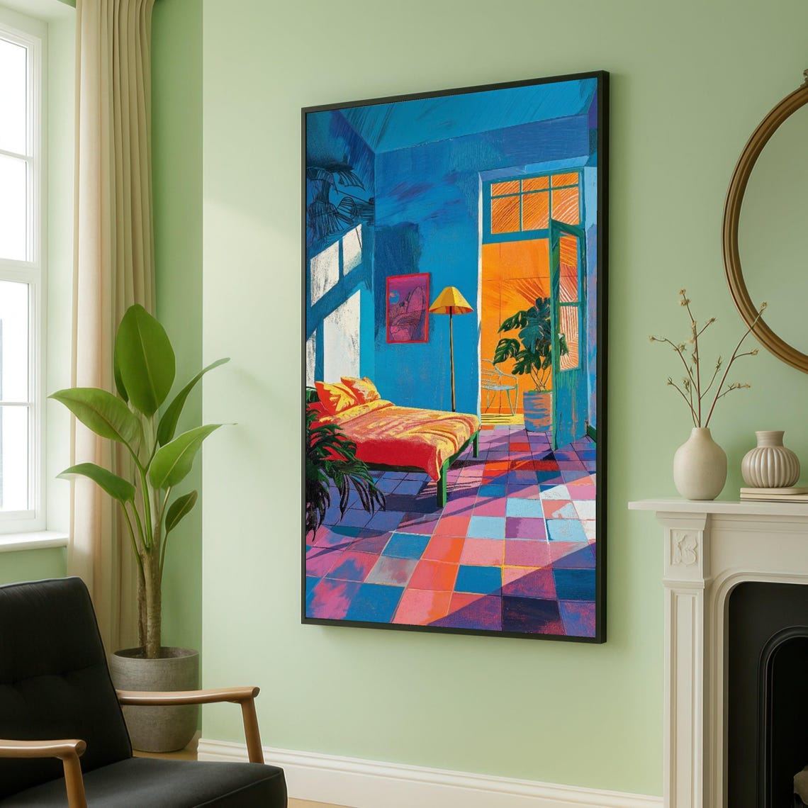 Sunlit Blue Bedroom Interior Hockney Style Colorful Art Poster
