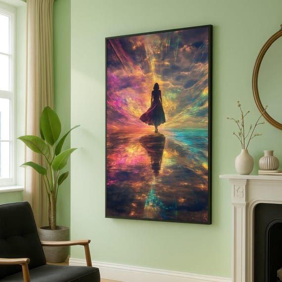 Mystical Woman Silhouette Canvas Dreamy Sky Reflection Wall Art Abstract Sunset Colors Ethereal Nature Scene Modern Home