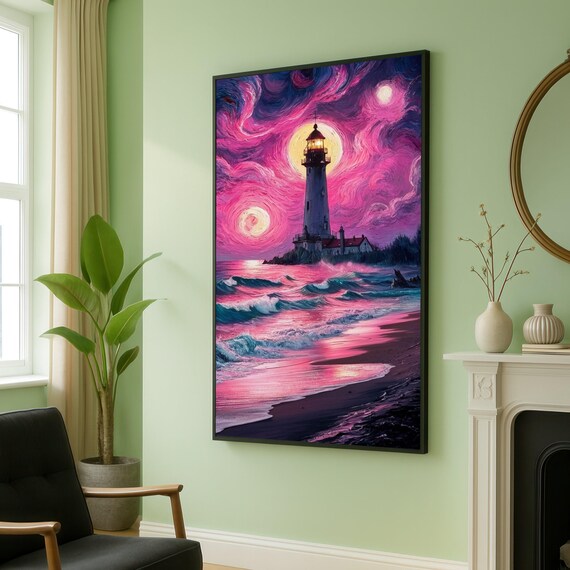 Vibrant Lighthouse Canvas Starry Night Ocean Waves Pink Sunset Seascape Coastal Wall Art Home Decor Print