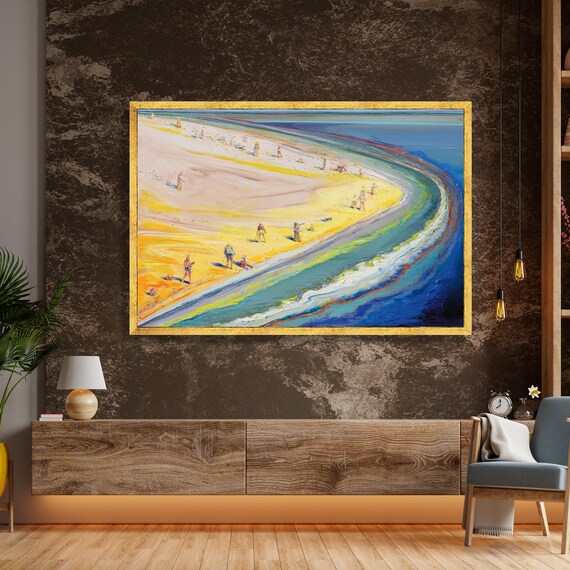 Colorful Aerial Beach Scene with Small Bathers Painting Print