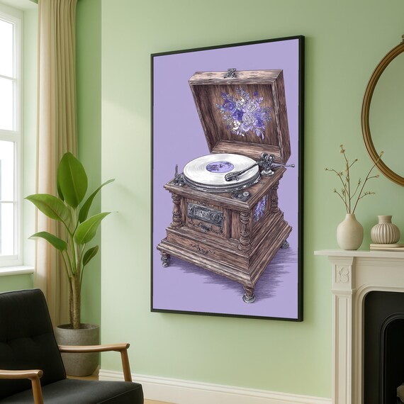 Vintage Wooden Gramophone With Floral Illustration Retro Art Poster