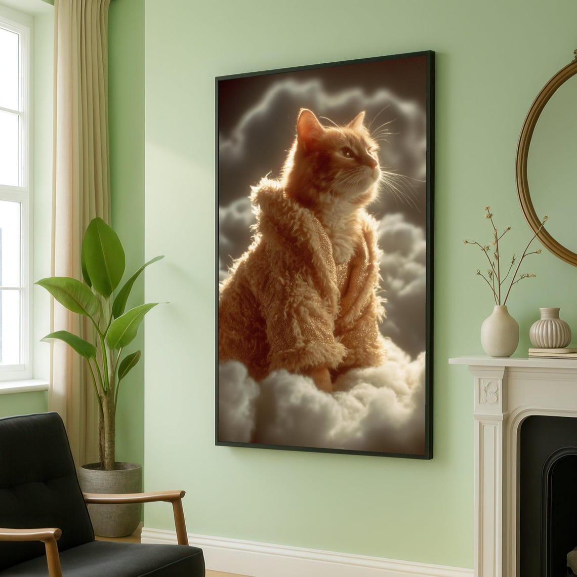 Regal Orange Cat in a Cozy Fur Coat Above a Dreamy Cloudscape Poster