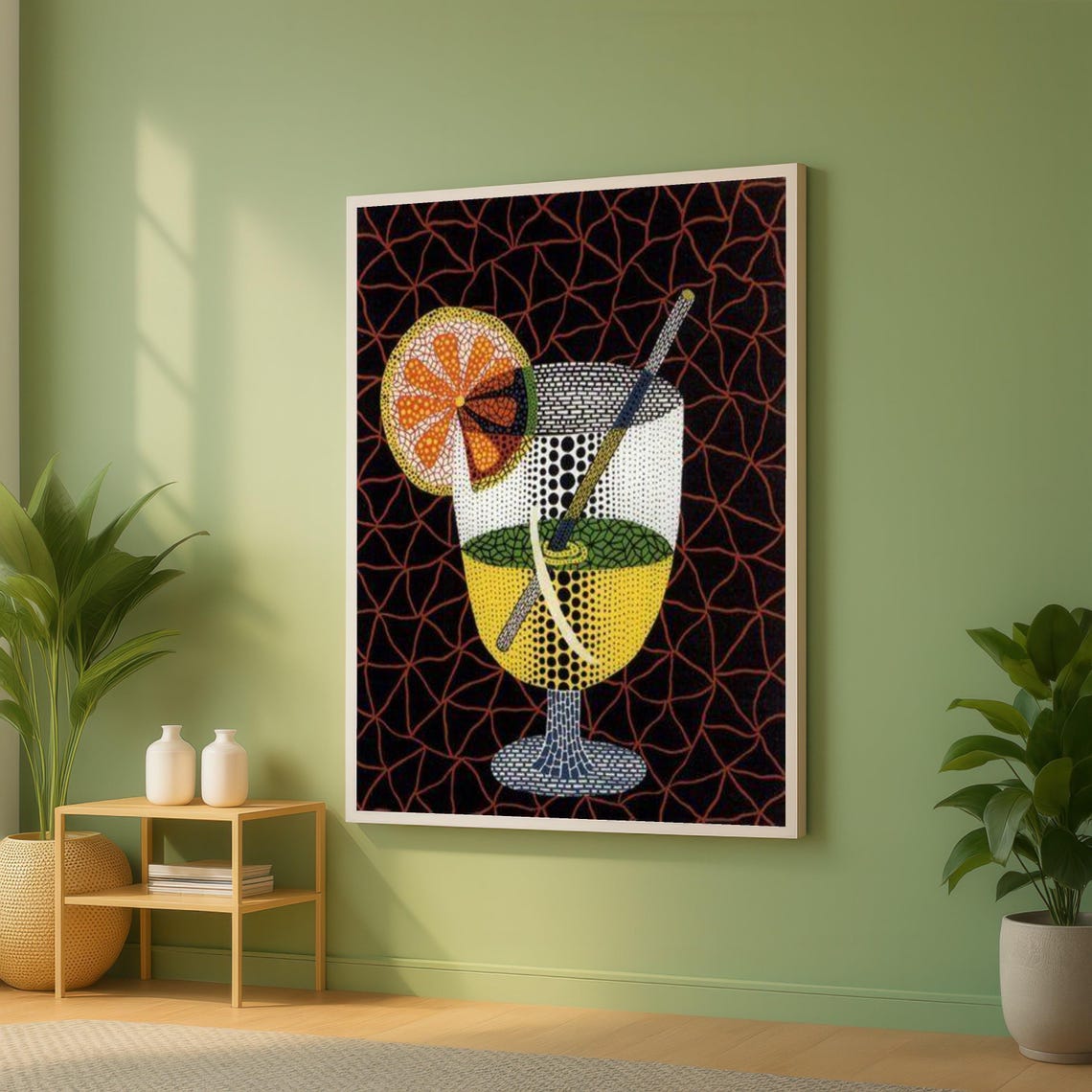 Dotted Cocktail Glass Poster with Citrus Slice on Black Net Background