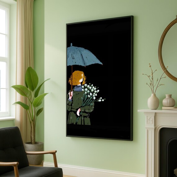 Woman With Blue Umbrella And White Flowers Modern Minimalist Canvas Wall Art Floral Fashion Illustration Stylish Home Decor Ready To