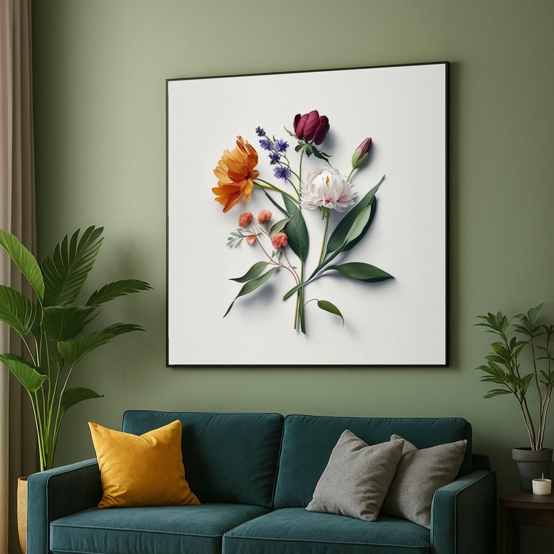 Elegant Mixed Flowers Bouquet Minimal Botanical White Wall Art