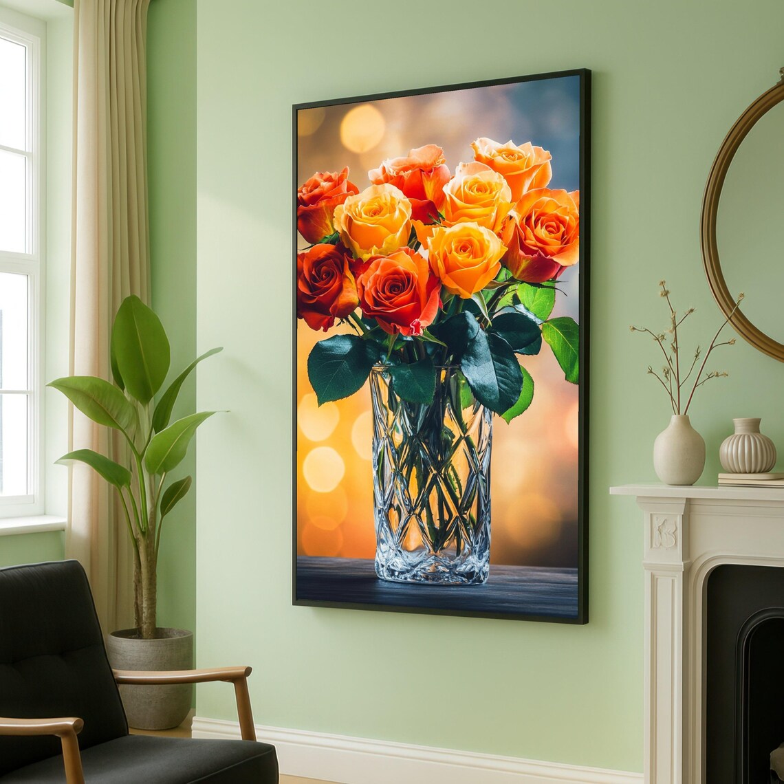 Vibrant Orange And Yellow Roses Bouquet In Crystal Vase Poster