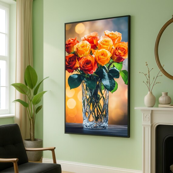 Vibrant Orange And Yellow Roses Bouquet In Crystal Vase Poster