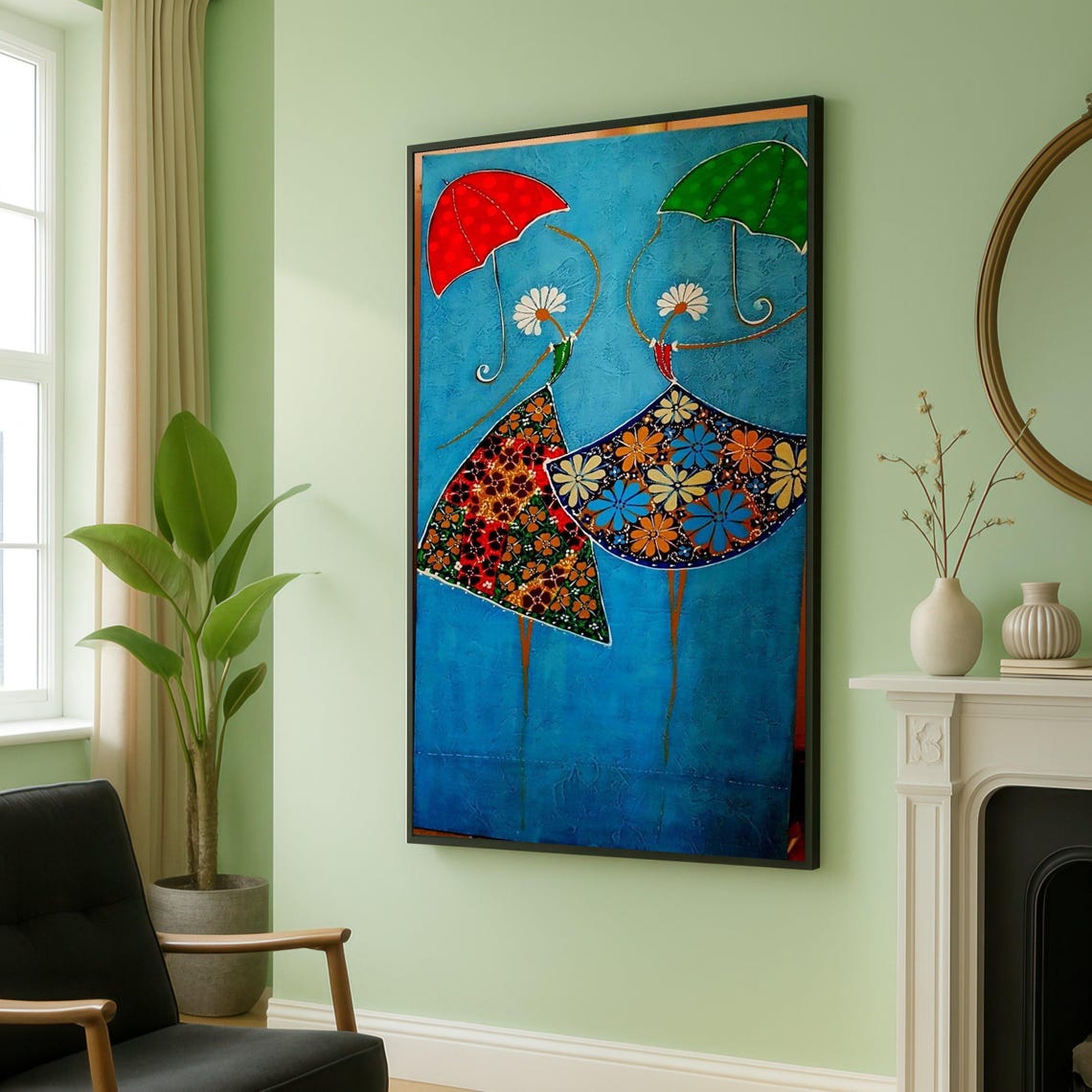 Two Women In Floral Dresses With Umbrellas Abstract Blue Art Print