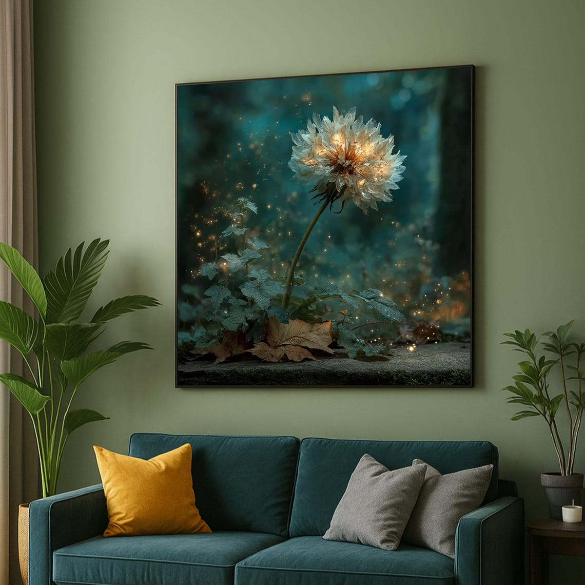 Dreamy Glowing Magical Flower Night Forest Teal Enchanted Wall Art
