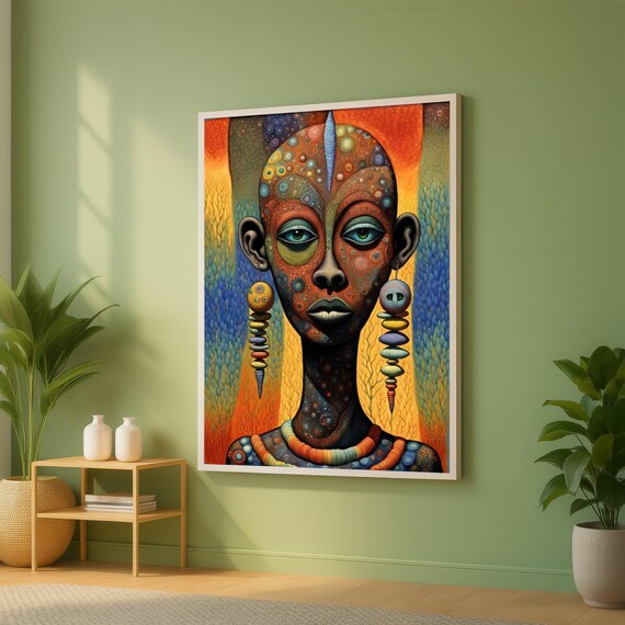 Abstract Tribal Woman Colorful Dot Pattern Portrait Art Print