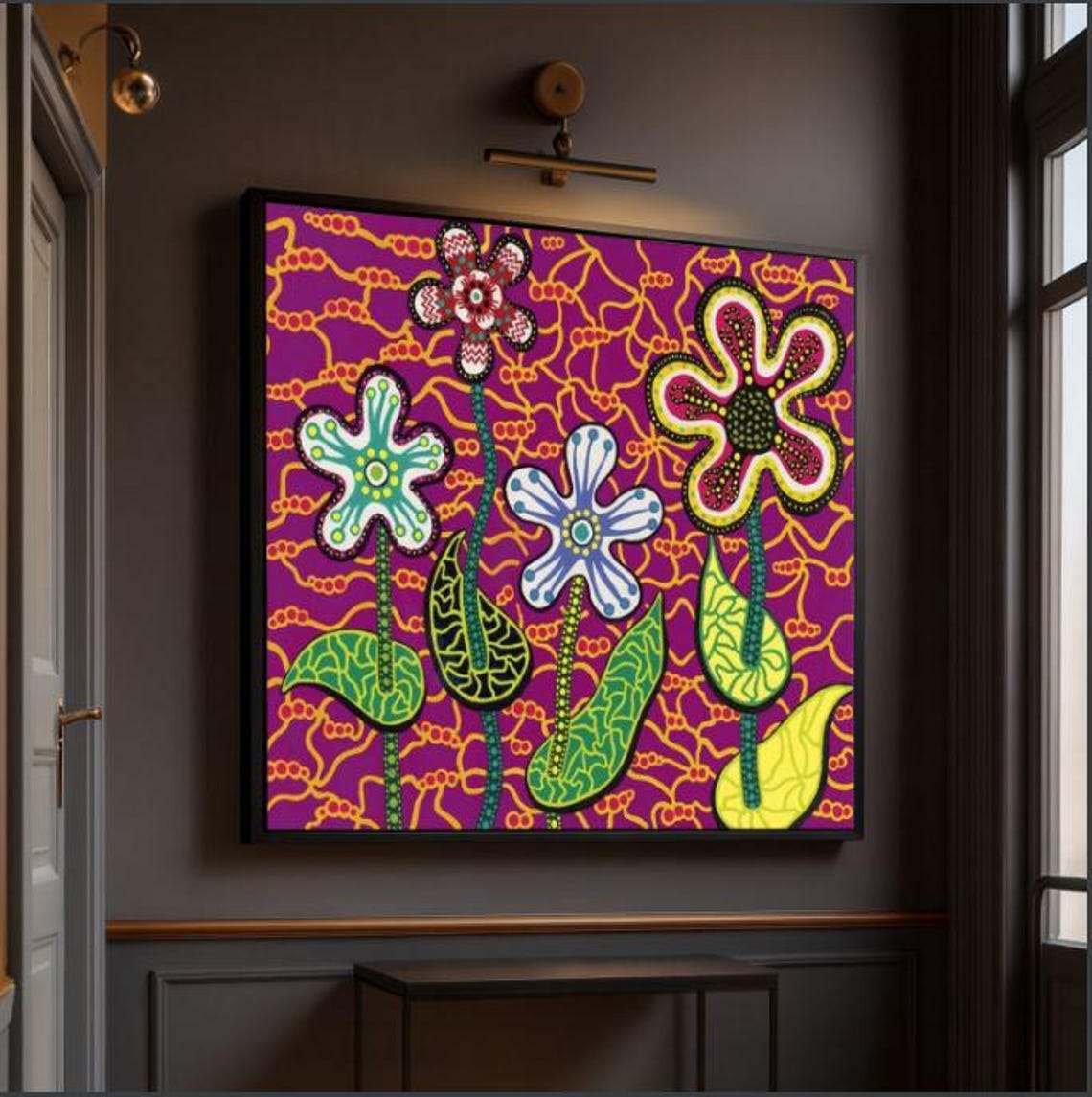 Vibrant Pop Art Flowers Polka Dot Garden Purple Background Wall Poster