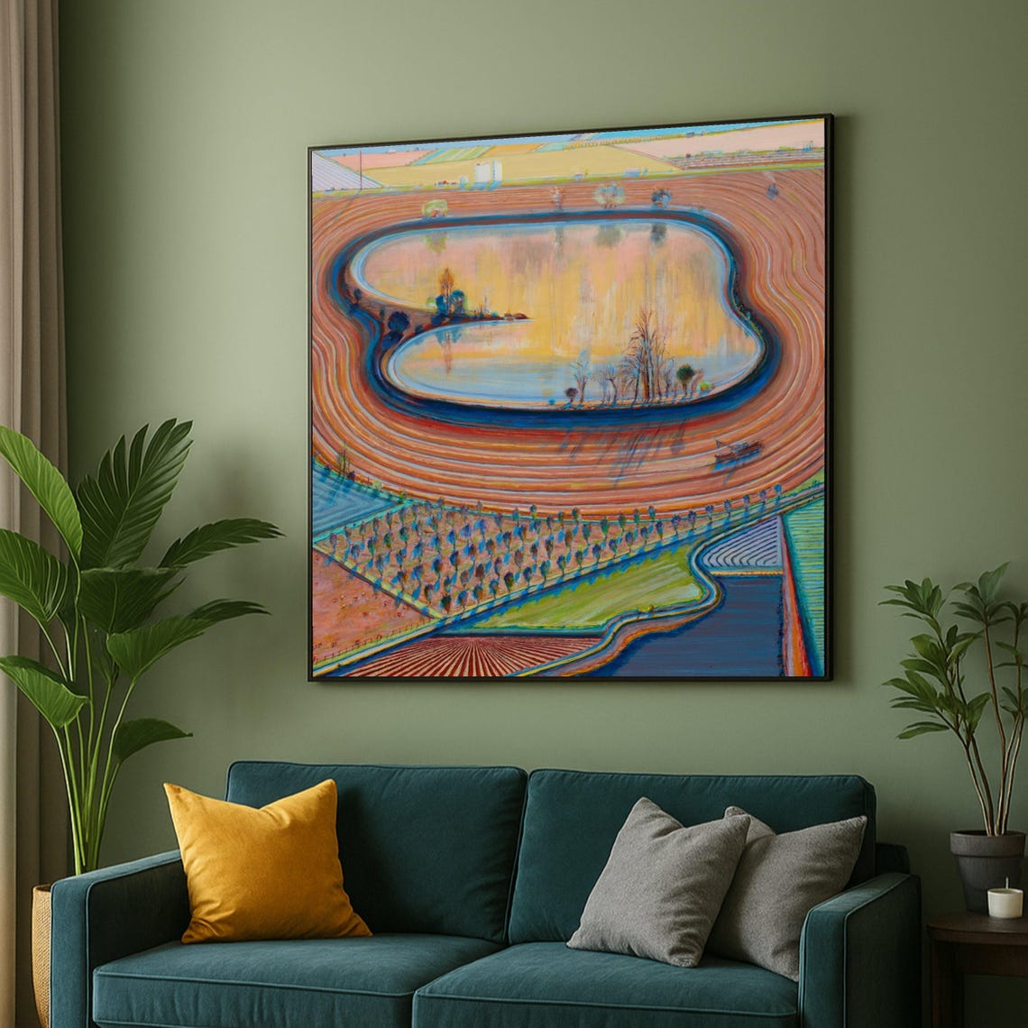 Aerial View of Colorful Farmland with a Reflective Pond Poster