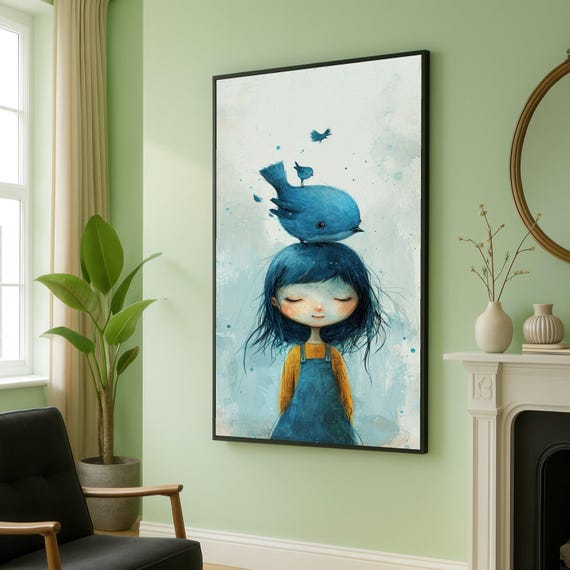 Whimsical Girl With Blue Bird Canvas Cute Character Wall Art Storybook Illustration Childrens Room Decor Playful Print