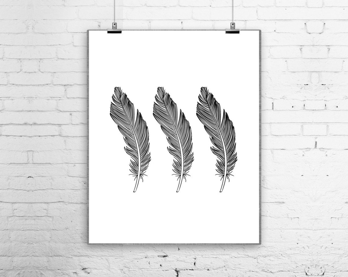 Three Black Feather Line Art Minimalist Boho Hand Drawn Wall Art Print - Image 2