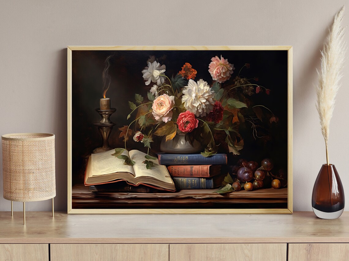 Vintage Flowers, Gothic Dark Academia Art Print