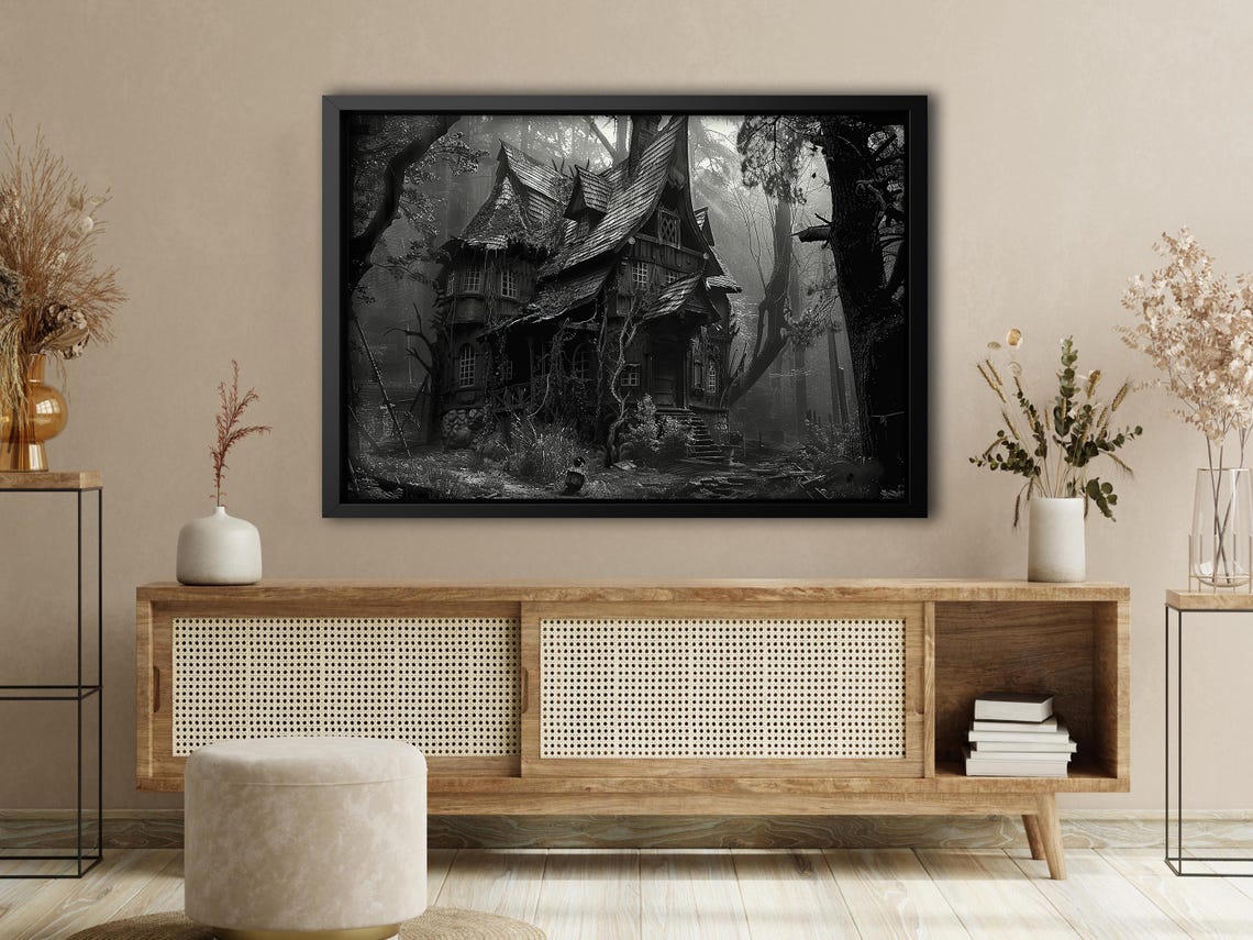 Haunted House In Misty Forest Black And White Spooky Art Print - Image 3