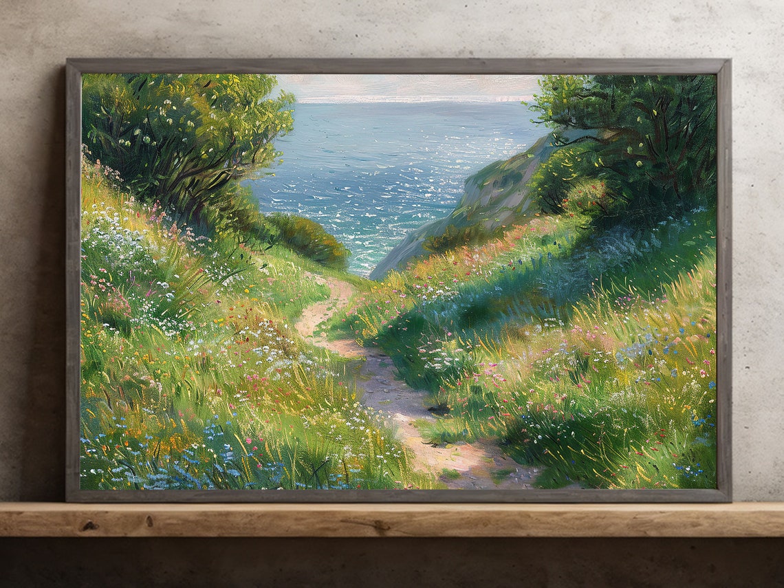 Wildflower Path Down To Sparkling Sea Coast Impressionist Poster