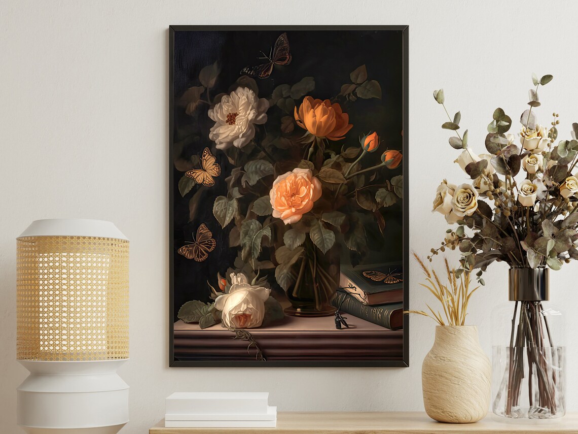 Vintage Flower Vase, Gothic Dark Academia Art Print