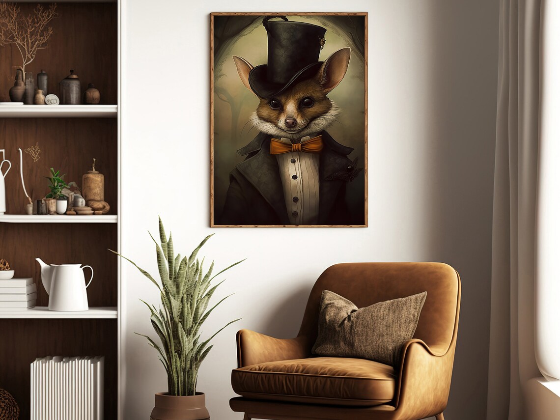 Victorian Bat Gentleman In Top Hat And Bow Tie Dark Animal Portrait Poster - Image 3