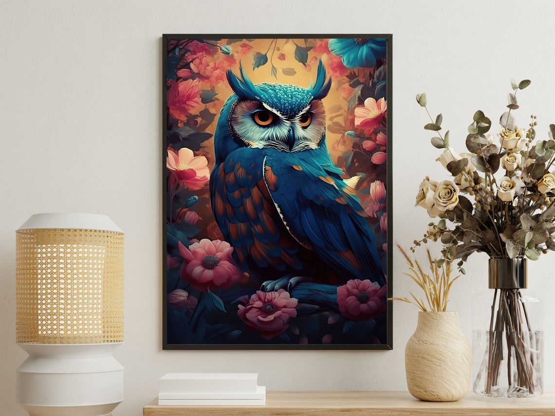 Vintage Floral Owl Painting Retro Owl Art Print Owl Print Bird Art Print Floral Animal Poster Print Wild Animal Art Print