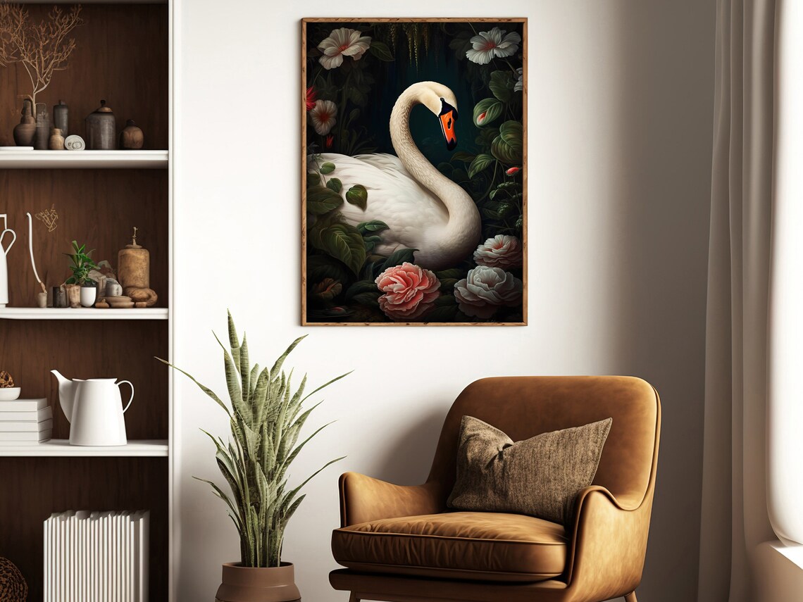 Graceful White Swan Among Pink Roses Dark Botanical Animal Art Poster - Image 4