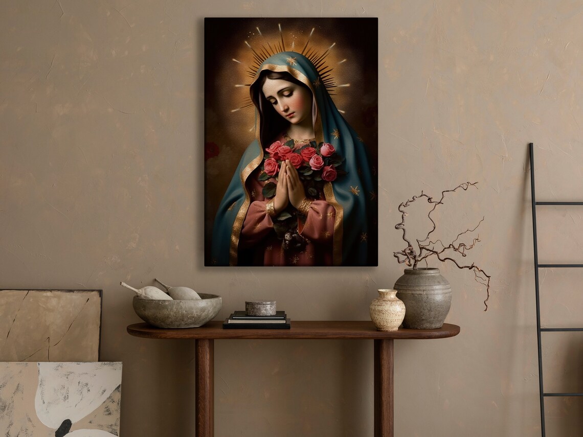 Our Lady of Guadalupe Style Virgin Mary with Roses Prayer Religious Poster - Image 3