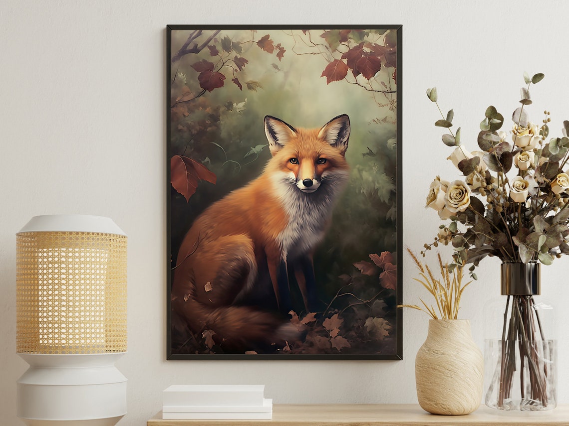 Red Fox Sitting In Autumn Forest With Falling Leaves Wildlife Print