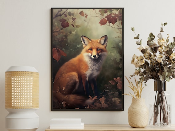 Red Fox Sitting In Autumn Forest With Falling Leaves Wildlife Print