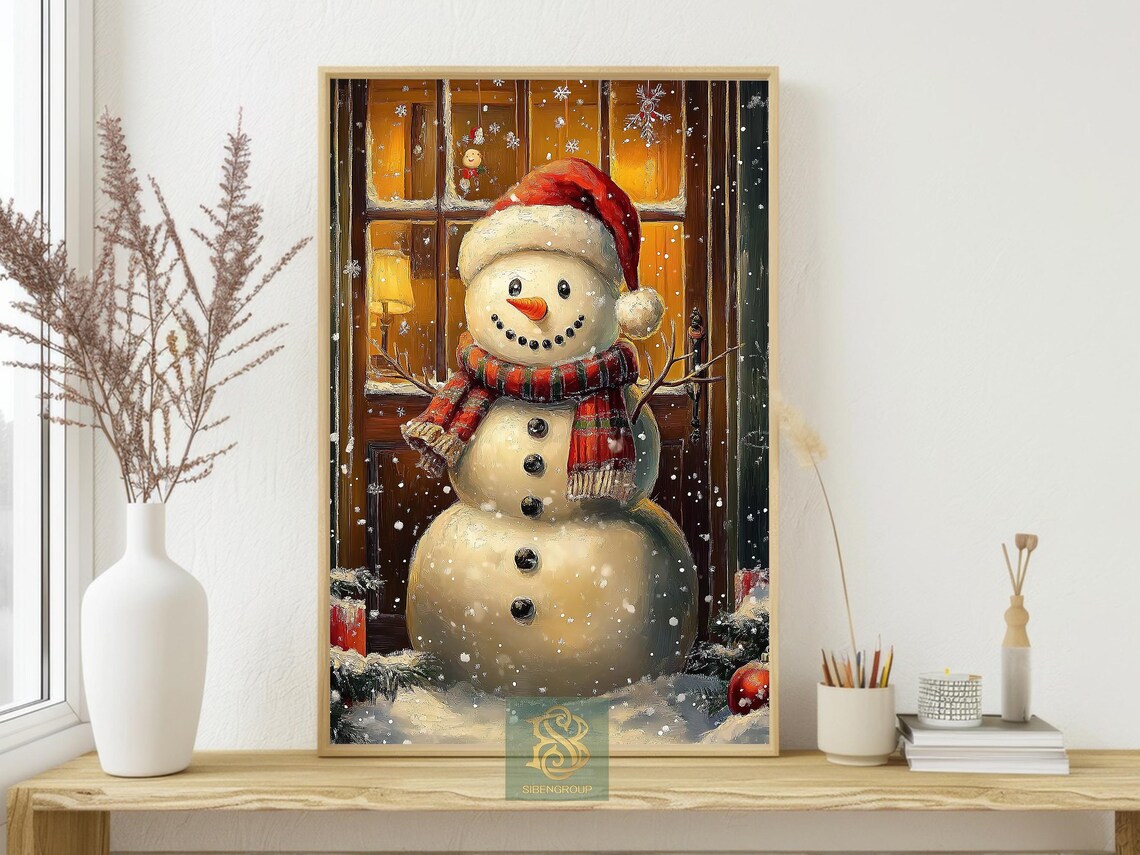 Cheerful Snowman in Santa Hat and Scarf by Glowing Window Night Poster - Image 3