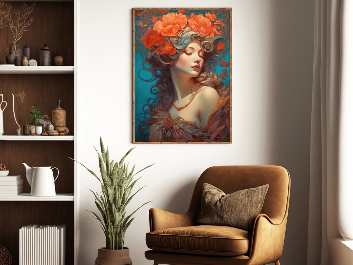 Art Nouveau Woman With Red Poppy Crown On Teal Background Poster - Image 4
