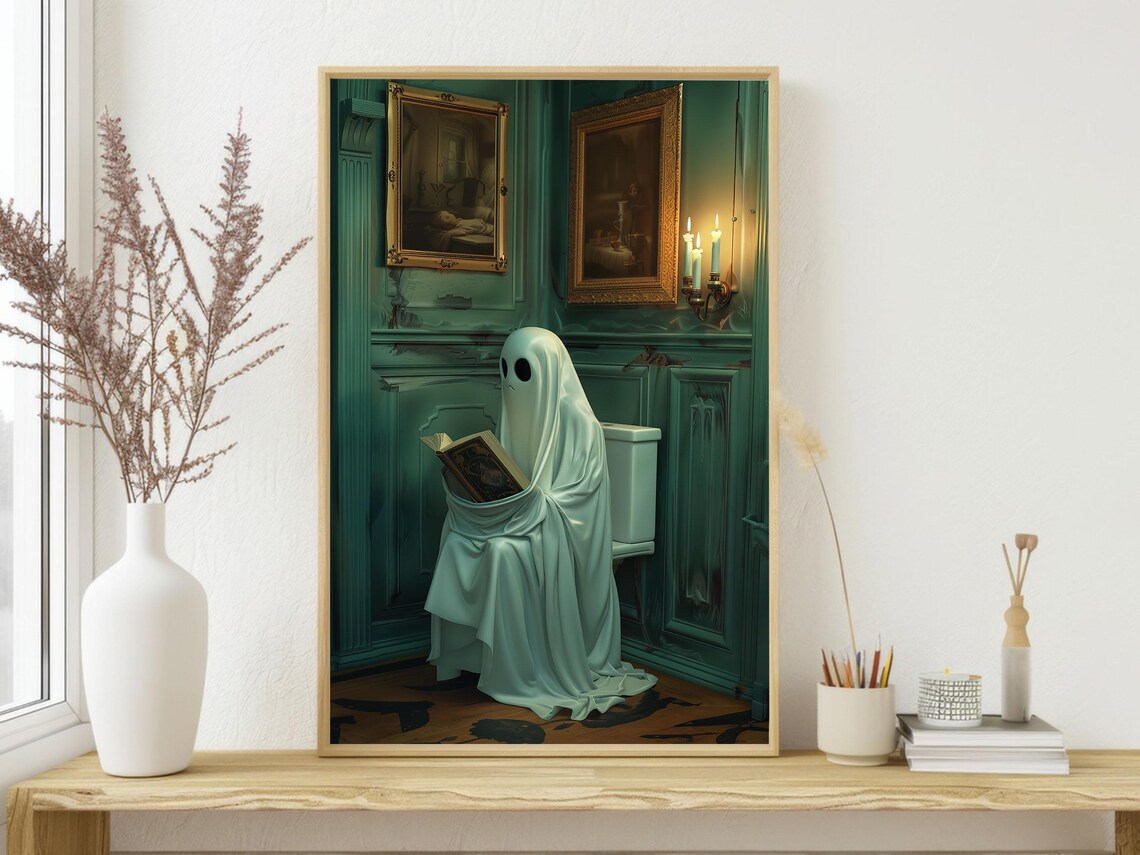 Ghost Reading Book on Toilet Elegant Green Bathroom Funny Halloween Poster - Image 3