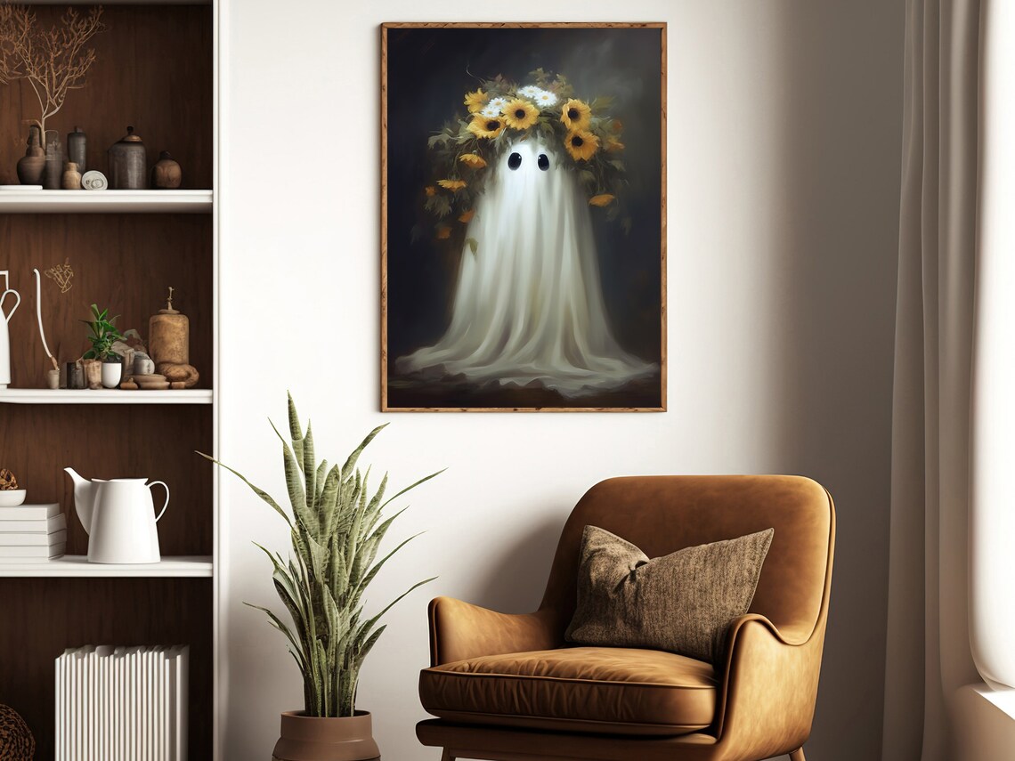 Cute Ghost Wearing Sunflower Crown Vintage Spooky Halloween Floral Poster - Image 2