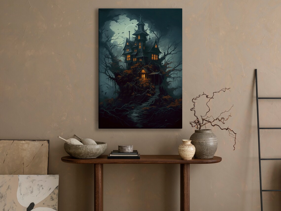 Haunted Victorian Castle At Night With Glowing Windows Mist Gothic Poster - Image 4