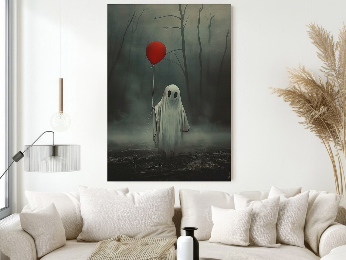 Cute Ghost Holding Red Balloon in Dark Misty Forest Halloween Poster - Image 2