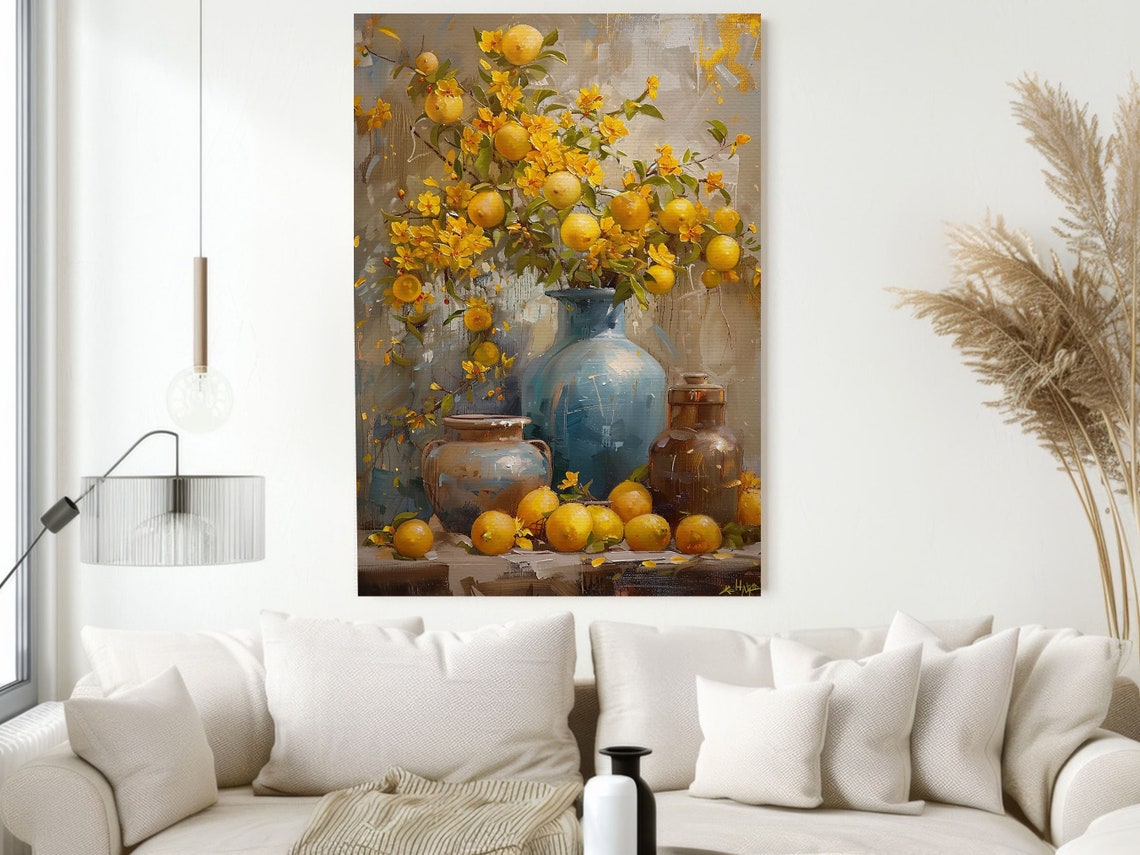 Lemon Branches And Yellow Blossoms In Blue Vase Still Life Wall Art - Image 2
