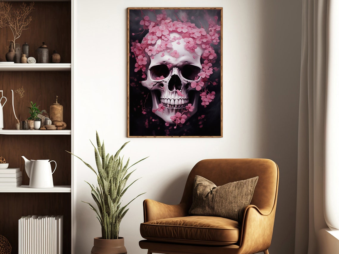 White Skull Pink Cherry Blossoms Dark Gothic Floral Art Poster - Image 2