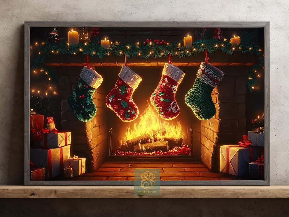 Cozy Christmas Fireplace With Knit Stockings Garland And Gifts Print