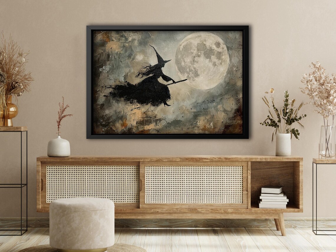 Silhouette Witch Flying Past Full Moon On Broomstick Halloween Wall Art - Image 4