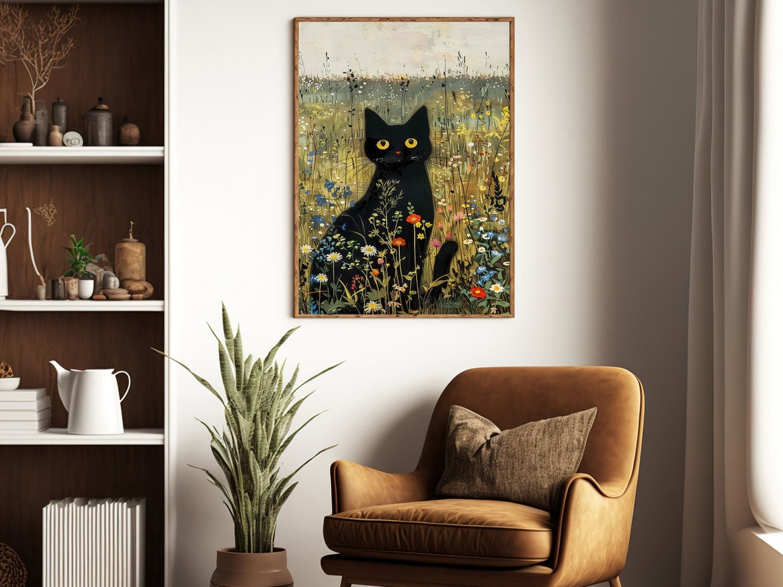 Black Cat Silhouette Among Wildflowers Muted Meadow Art Poster - Image 4