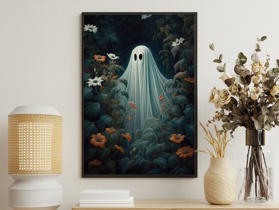 Ghost Among Dark Botanical Foliage And Flowers Spooky Art Print