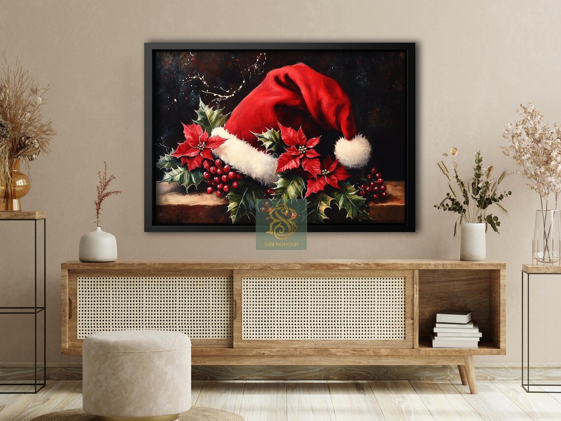 Vintage Santa Hat Painting, Cozy Christmas Art Print - Image 3