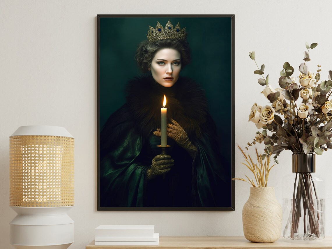 Gothic Queen Candle Crown Dark Green Portrait Moody Vintage Art Poster