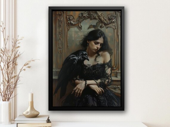 Dark Woman with Raven Crow in Black Lace Gown Gothic Oil Painting Poster