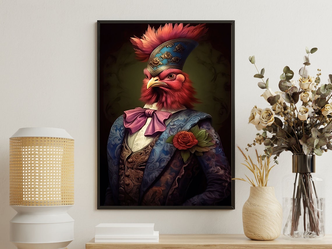 Dashing Rooster Gentleman In Brocade Coat And Feathered Hat Poster