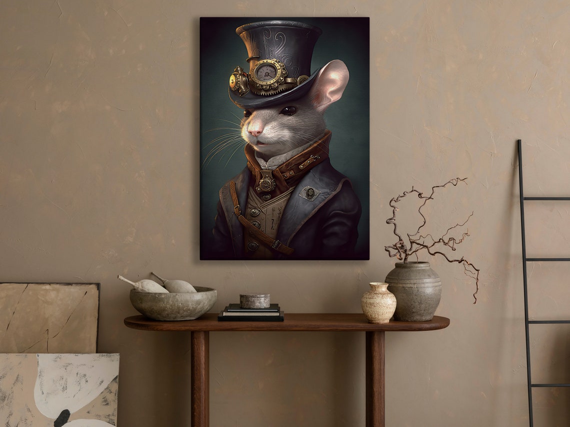 Steampunk Mouse Captain In Top Hat With Goggles Portrait Art Print - Image 3