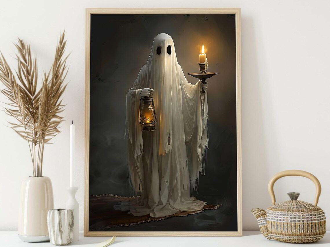 Ghost Holding Lantern and Candle in Dark Warm Candlelit Spooky Wall Poster - Image 4