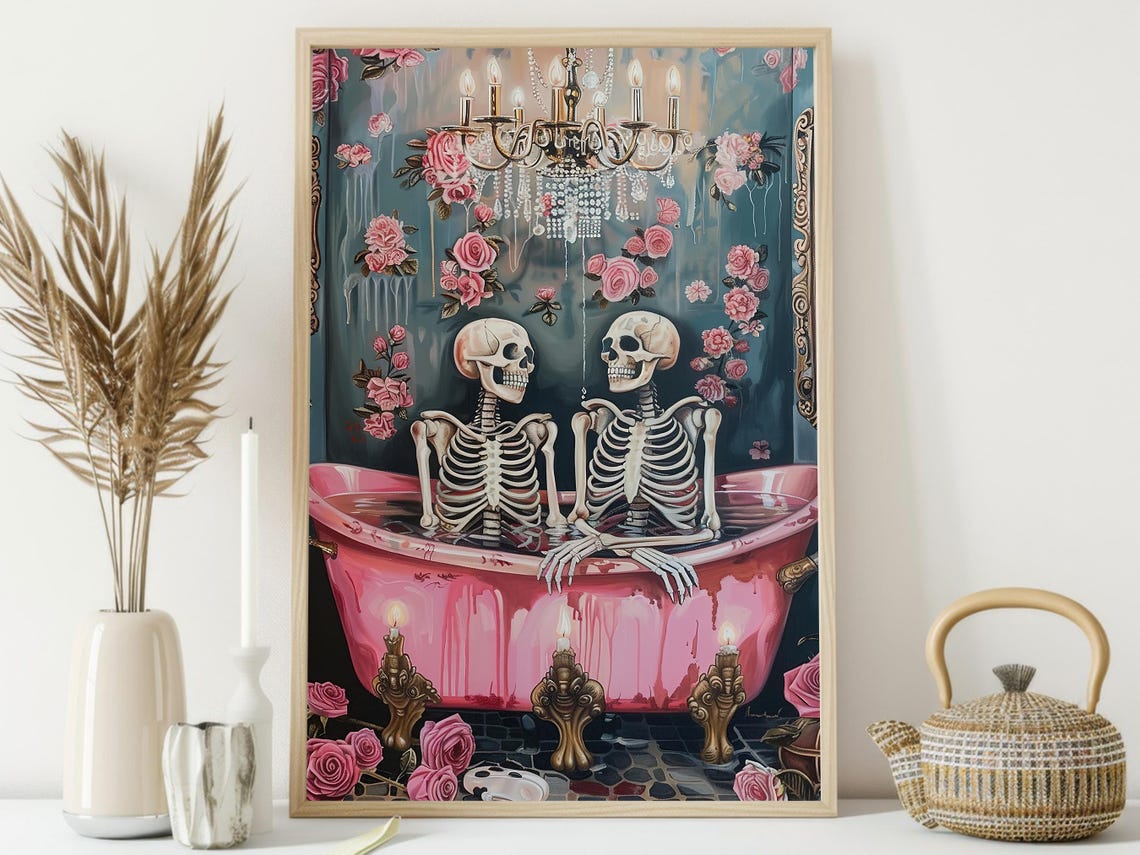 Two Skeletons Sharing Pink Bathtub With Roses Gothic Humor Print - Image 3